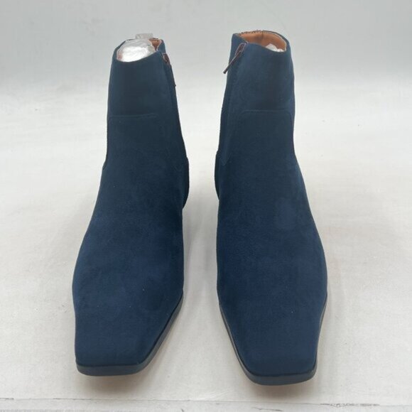 Navy Square Toe Booties Low Chunky Heels Side Zipper Ankle Boots Formal Shoes - Picture 3 of 8